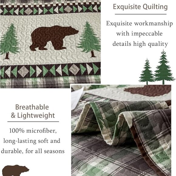 NEW Quilts Queen Size, 3Pcs Rustic Cabin Bedspread Coverlet Set Bear Green Pines - Picture 4 of 8